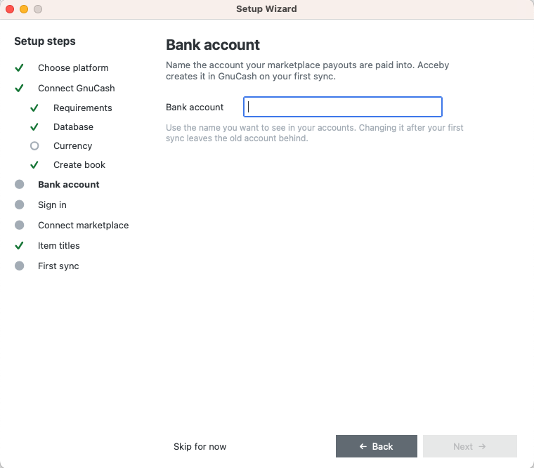 The Bank account step with an empty Bank account name field
