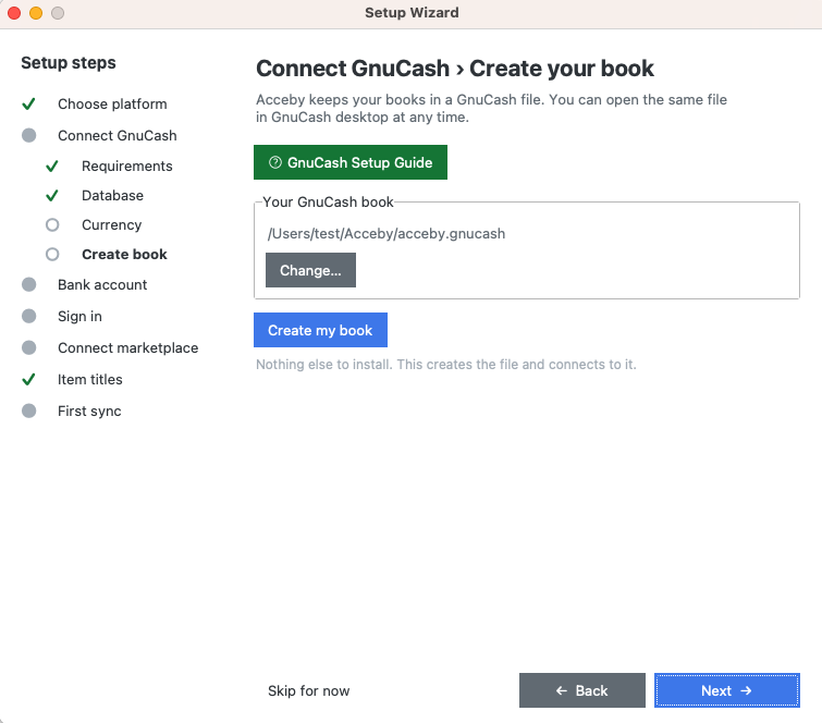 The Connect GnuCash, Create your book step showing the default book path and the Create my book button
