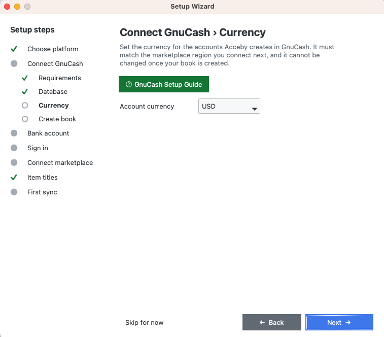 The Connect GnuCash, Currency step showing the Account currency dropdown set to USD