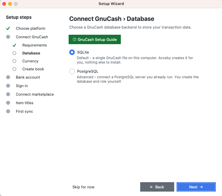 The Connect GnuCash, Database step with SQLite selected and PostgreSQL listed as the advanced option