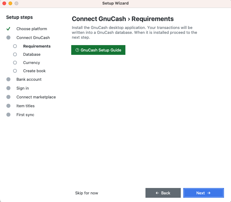 The wizard's Connect GnuCash, Requirements step, with the GnuCash Setup Guide button