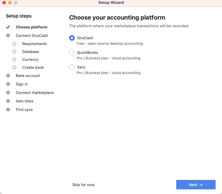 The setup wizard's Choose your accounting platform step, listing GnuCash, QuickBooks and Xero with their plan requirements