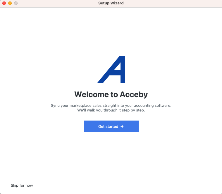 The Acceby setup wizard's welcome screen with a Get started button
